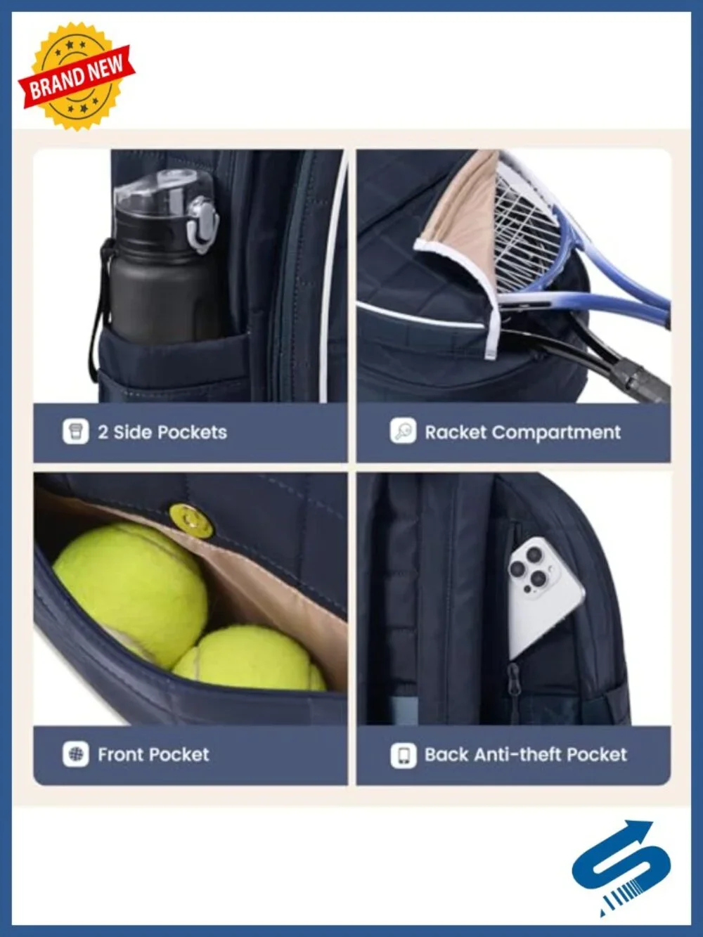 Quilted Tennis Racket Backpack for Women, Lightweight Polyester Pickleball Bag
